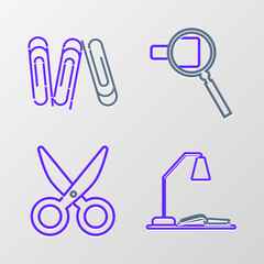 Wall Mural - Set line Workplace with table lamp and open book, Scissors, Magnifying glass and Paper clip icon. Vector
