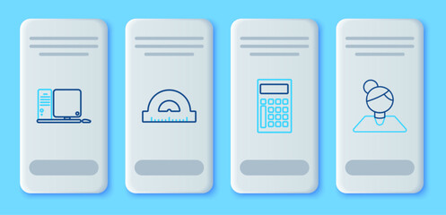 Poster - Set line Protractor grid for measuring degrees, Calculator, Computer monitor with keyboard and mouse and Teacher icon. Vector