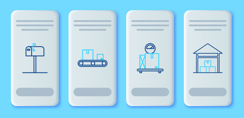 Poster - Set line Conveyor belt with cardboard box, Scale, Open mail and Warehouse icon. Vector