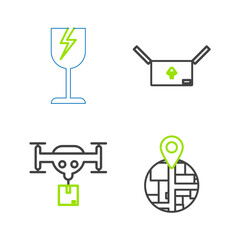 Poster - Set line , Delivery drone with the package, Cardboard box traffic symbol and Fragile broken glass icon. Vector