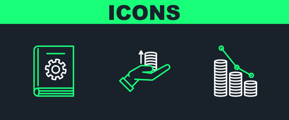 Aufkleber - Set line Pie chart infographic and coin, User manual and Money on hand icon. Vector
