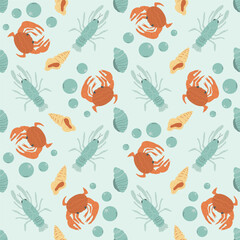 Wall Mural - Seamless pattern with Crustaceans. Lobsters and crawfishes with shells and crabs repeat cover backdrop. Underwater sea life endless background. Vector hand drawn flat illustration.