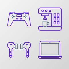 Poster - Set line Laptop, Air headphones, Coffee machine and Gamepad icon. Vector