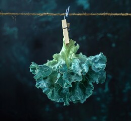 Poster -   Close-up of a leafy plant dangling from a rope with a tag at its end