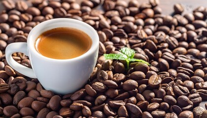 Wall Mural - close up of espresso beans and a white ceramic coffee cup