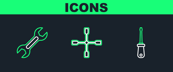 Poster - set line screwdriver, wrench spanner and wheel wrench icon. vector