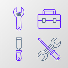 Poster - Set line Screwdriver and wrench, Rasp metal file, Toolbox and Adjustable icon. Vector