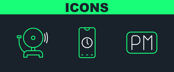Poster - Set line Day time, Ringing alarm bell and Alarm clock app mobile icon. Vector