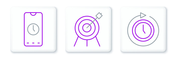 Poster - Set line Clock with arrow, Alarm clock app mobile and Target sport icon. Vector