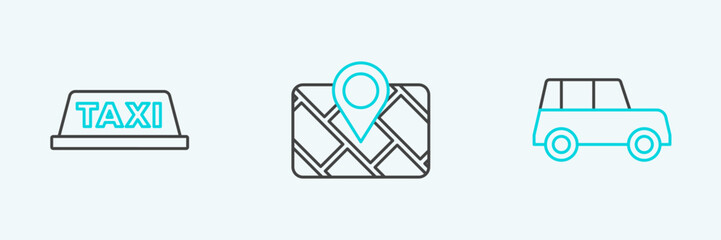 Poster - Set line Car, Taxi car roof and Gps device with map icon. Vector