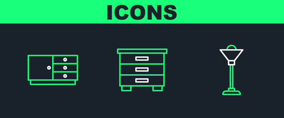 Poster - Set line Floor lamp, Chest of drawers and Furniture nightstand icon. Vector