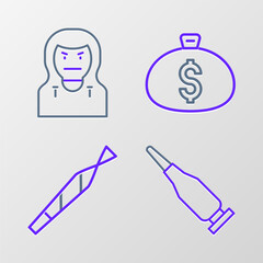 Poster - Set line Bullet, Marijuana joint, Money bag and Thief mask icon. Vector