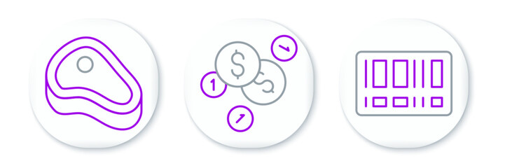 Poster - Set line Barcode, Steak meat and Coin money with dollar icon. Vector