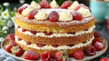 Wall Mural -   A clear photo of a cake with strawberries and raspberries surrounding it