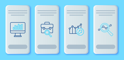 Poster - Set line Work search, Financial growth, Monitor with graph chart and Search data analysis icon. Vector