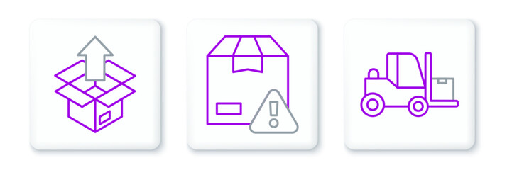 Poster - Set line Forklift truck, Unboxing and Delivery security with shield icon. Vector