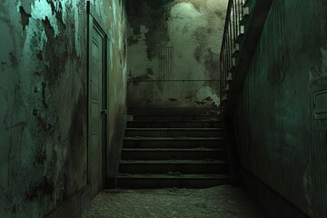 Poster - a dark hallway with stairs