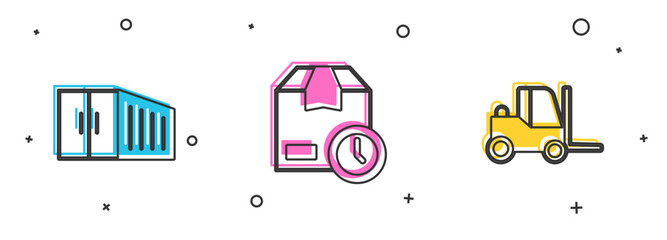 Sticker - Set Container, Cardboard box with clock and Forklift truck icon. Vector