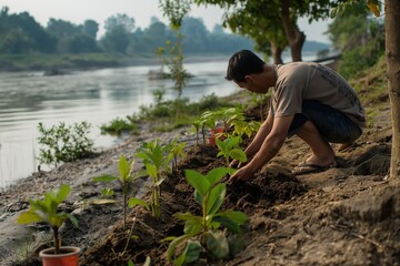 Wall Mural - a man planting a tree in a river