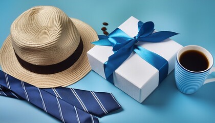 festive father s day setup with a gift box coffee mug straw hat and elegant ties on a soothing blue background highlighting the celebration