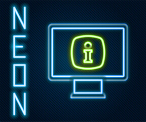 Aufkleber - Glowing neon line Monitor with information icon isolated on black background. Colorful outline concept. Vector