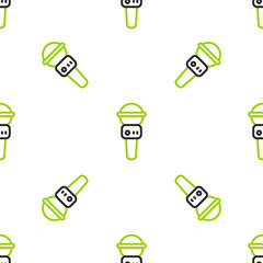Poster - line microphone icon isolated seamless pattern on white background. on air radio mic microphone. spe
