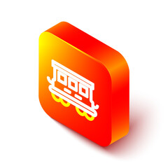 Wall Mural - Isometric line Passenger train cars toy icon isolated on white background. Railway carriage. Orange square button. Vector