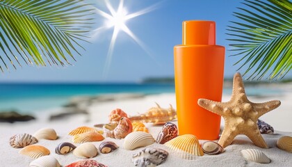 Poster - suntan lotion on tropical beach with shells and starfish