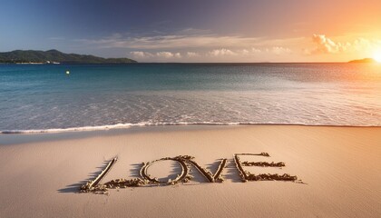 Poster - love word handwritten on a tropical beach