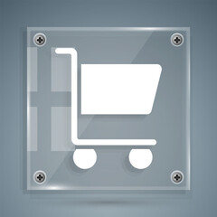 Poster - White Shopping cart icon isolated on grey background. Online buying concept. Delivery service sign. Supermarket basket symbol. Square glass panels. Vector