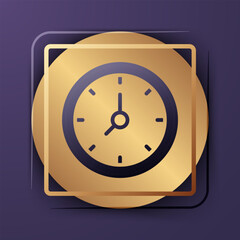 Poster - Purple Clock icon isolated on purple background. Time symbol. Gold square button. Vector
