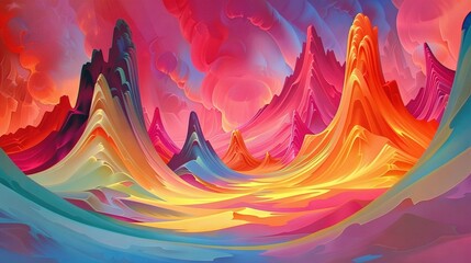   A vibrant depiction of a mountain range against a vivid sky backdrop, with clouds positioned centrally within the canvas