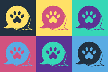 Wall Mural - Pop art Paw print icon isolated on color background. Dog or cat paw print. Animal track. Vector