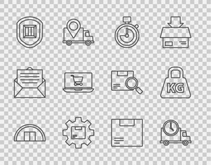 Poster - Set line Warehouse, Logistics delivery truck and clock, Stopwatch, Gear wheel with package box, Delivery security shield, Shopping cart on laptop, Carton cardboard and Weight icon. Vector