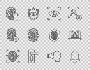 Poster - Set line Fingerprint, Motion sensor, Eye scan, door lock, with, Face recognition and Laptop face icon. Vector