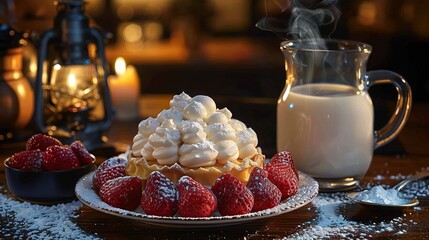 Wall Mural -   A dessert featuring strawberries and whipped cream served on a platter alongside a pitcher of milk and a glass of milk