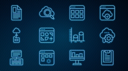Poster - Set line Server, Data report, Cloud technology data transfer, Browser files, Different, File document, analysis and Search cloud computing icon. Vector