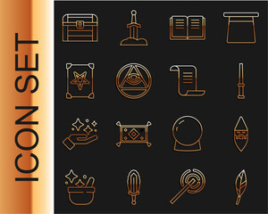 Wall Mural - Set line Magic feather, Wizard warlock, wand, Ancient magic book, Masons, Antique treasure chest and icon. Vector