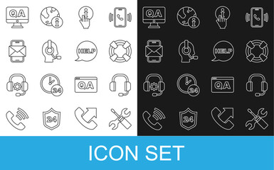 Poster - Set line Screwdriver and wrench spanner, Headphones, Lifebuoy, Information, Man with headset, Mobile envelope, Question Answer and Speech bubble text Help icon. Vector