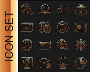 Poster - Set line Pie chart infographic, Dollar, share, network, Safe, Job promotion exchange money, Website template, User of man business suit and Globe the Earth and gear icon. Vector