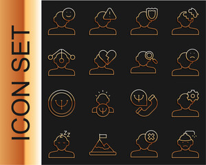 Poster - Set line Concussion, headache, Solution problem in psychology, Sad and depressed man, bad mood, Psychology, Broken heart or divorce, Hypnosis, Good and Finding icon. Vector