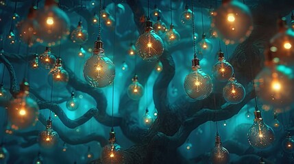 Wall Mural -  A tree with numerous light bulbs dangling from its branches against a dark blue background