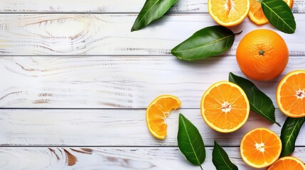 Fresh oranges and green leaves on white wooden background, sliced pieces.