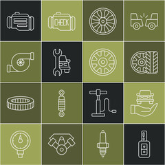 Poster - Set line Car key with remote, Auto service check automotive, tire wheel, Alloy for car, Automotive turbocharger, Check engine and icon. Vector