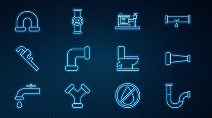 Poster - Set line Industry metallic pipe, Electric water pump, Pipe adjustable wrench, Toilet bowl and Water meter icon. Vector