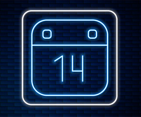 Poster - glowing neon line calendar with february 14 icon isolated on brick wall background. valentines day. 