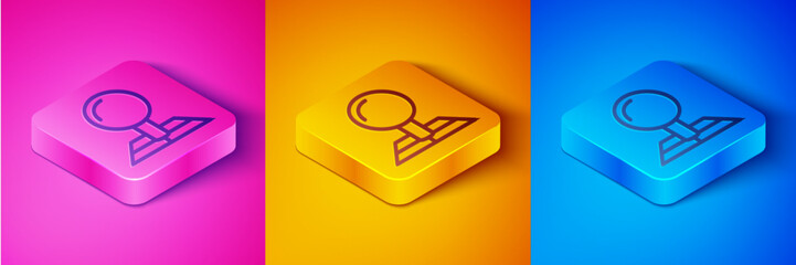 Poster - Isometric line Folded map with location marker icon isolated on pink and orange, blue background. Square button. Vector