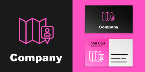 Poster - Pink line Folded map with location marker icon isolated on black background. Logo design template element. Vector