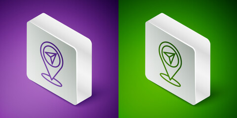 Wall Mural - Isometric line Map pin icon isolated on purple and green background. Navigation, pointer, location, map, gps, direction, search concept. Silver square button. Vector