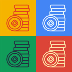 Poster - Pop art line Chinese Yuan currency symbol icon isolated on color background. Coin money. Banking currency sign. Cash symbol. Vector